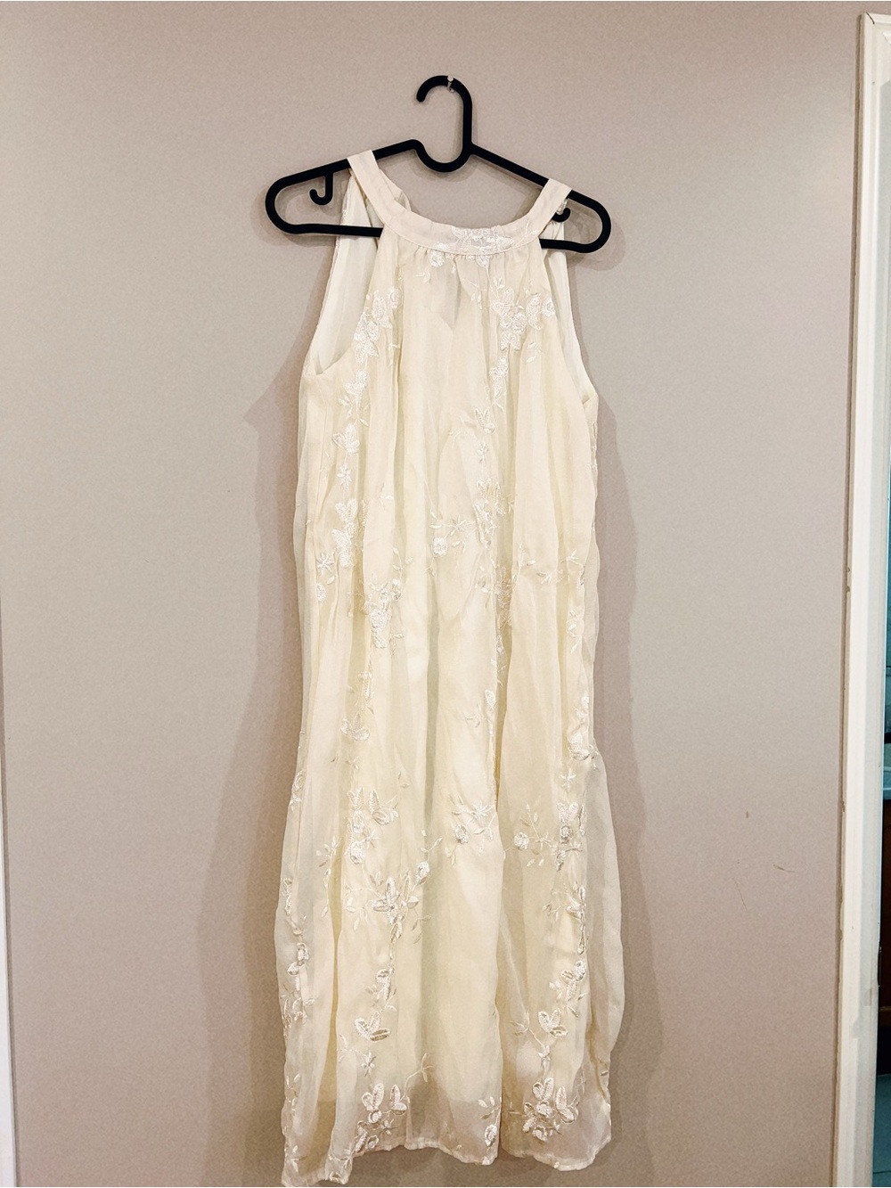 Elegant Cream Embroidered Halter Midi Dress